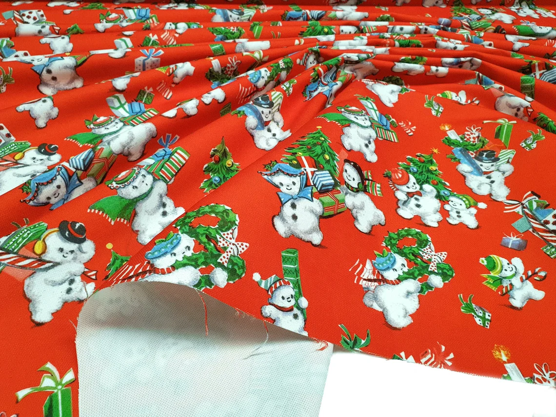Snowmans Carrying Gifts Fabric - Christmas Fabric Red