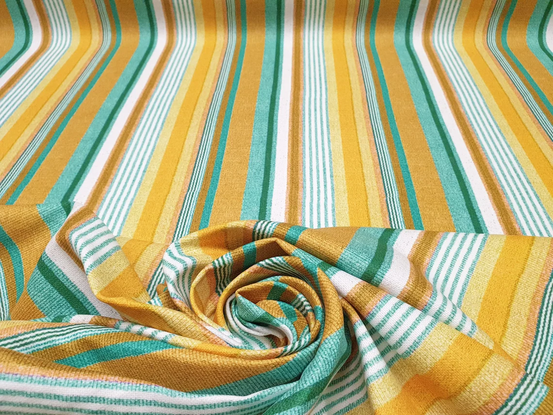 Turquoise Mustard Yellow Striped Fabric