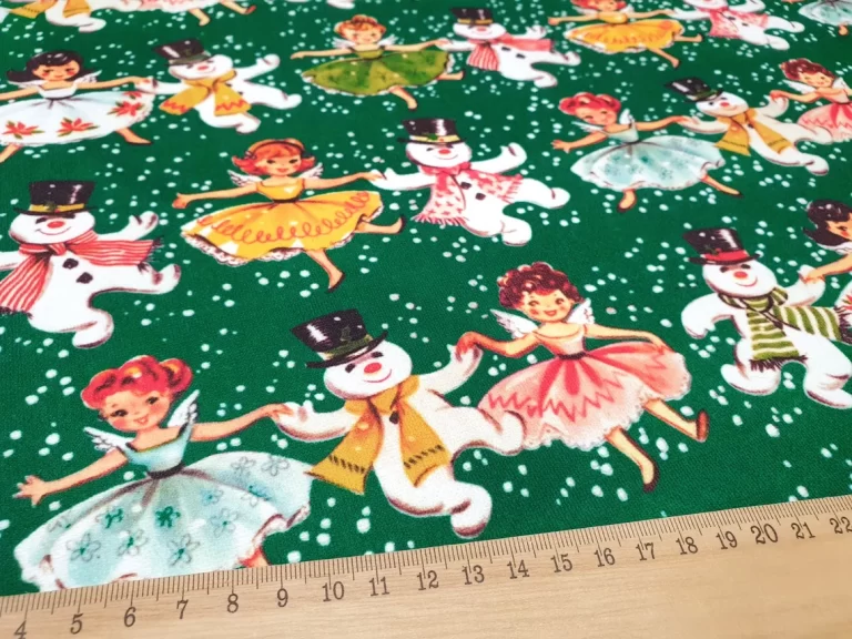 Dancing Snowman and Little Girls Fabric - New Year Fabric