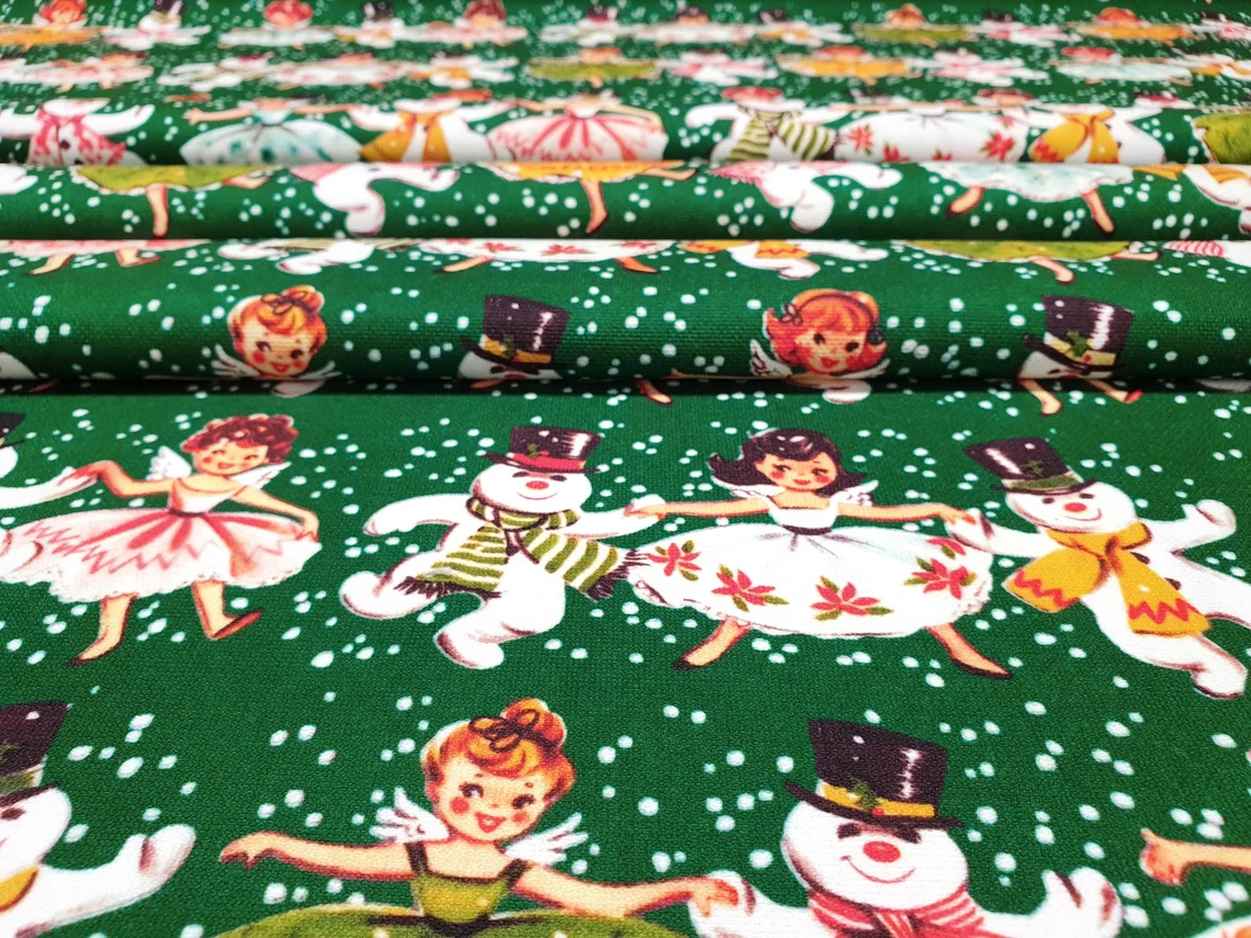 Dancing Snowman and Little Girls Fabric - New Year Fabric