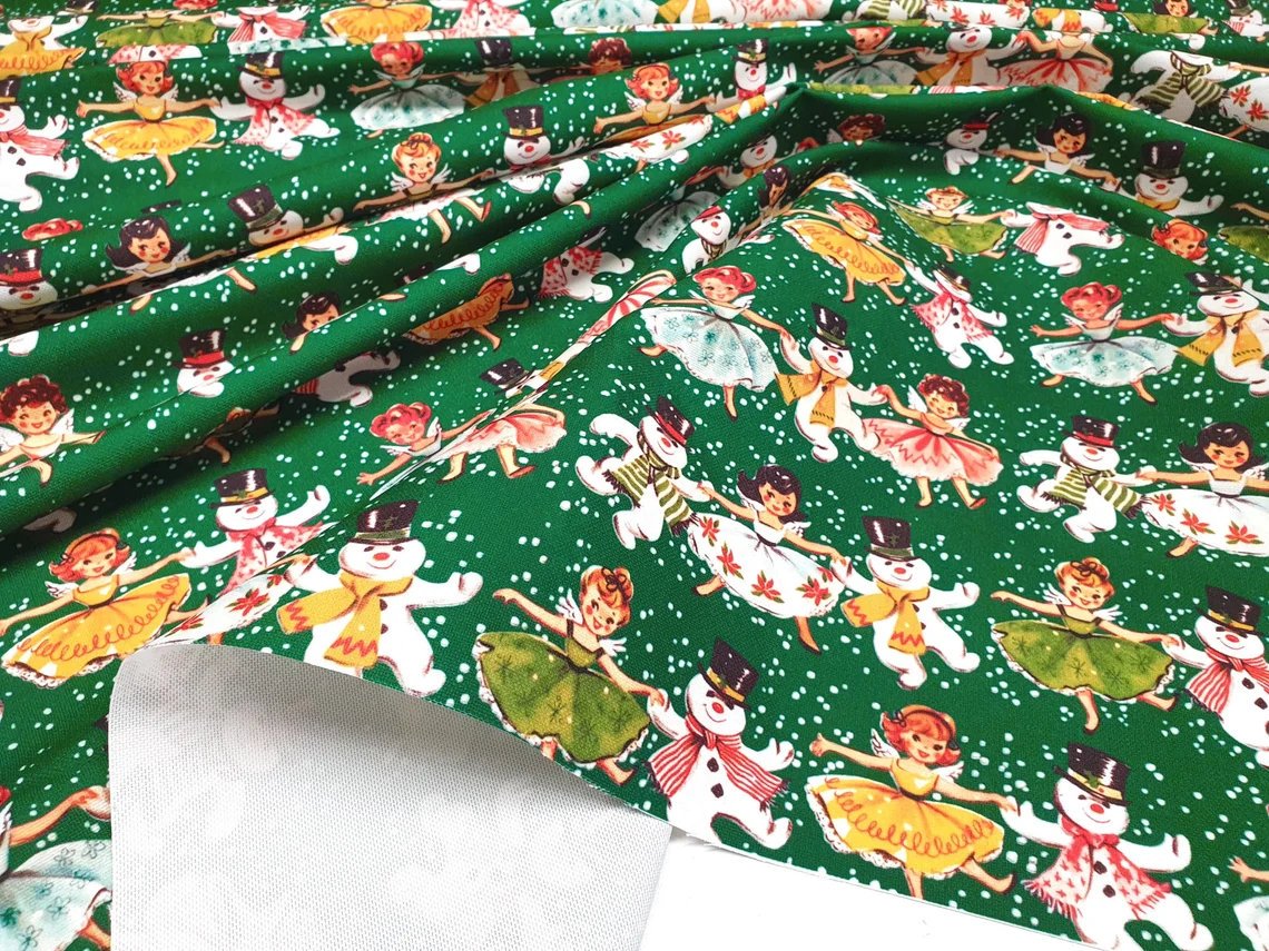 Dancing Snowman and Little Girls Fabric - New Year Fabric