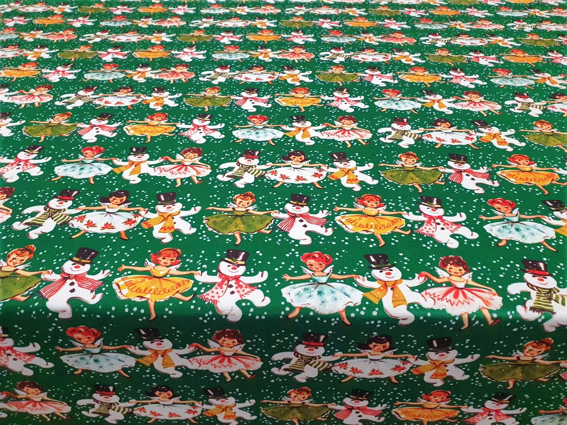 Dancing Snowman and Little Girls Fabric - New Year Fabric