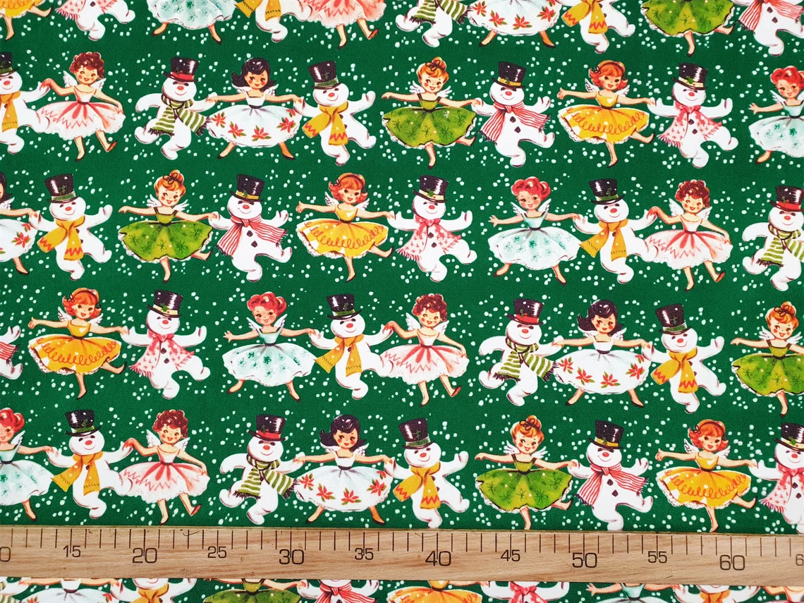 Dancing Snowman and Little Girls Fabric