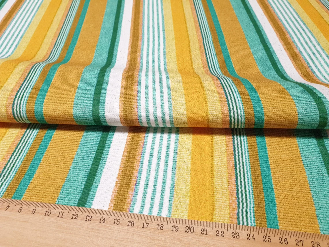 Turquoise Mustard Yellow Striped Fabric