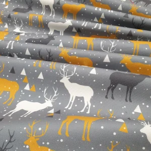 Christmas Golden Winter Deers Print Fabric