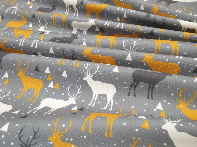 Christmas Golden Winter Deers Print Fabric