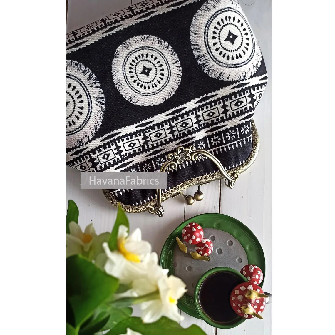 Boho White and Beige Mandala Print Fabric