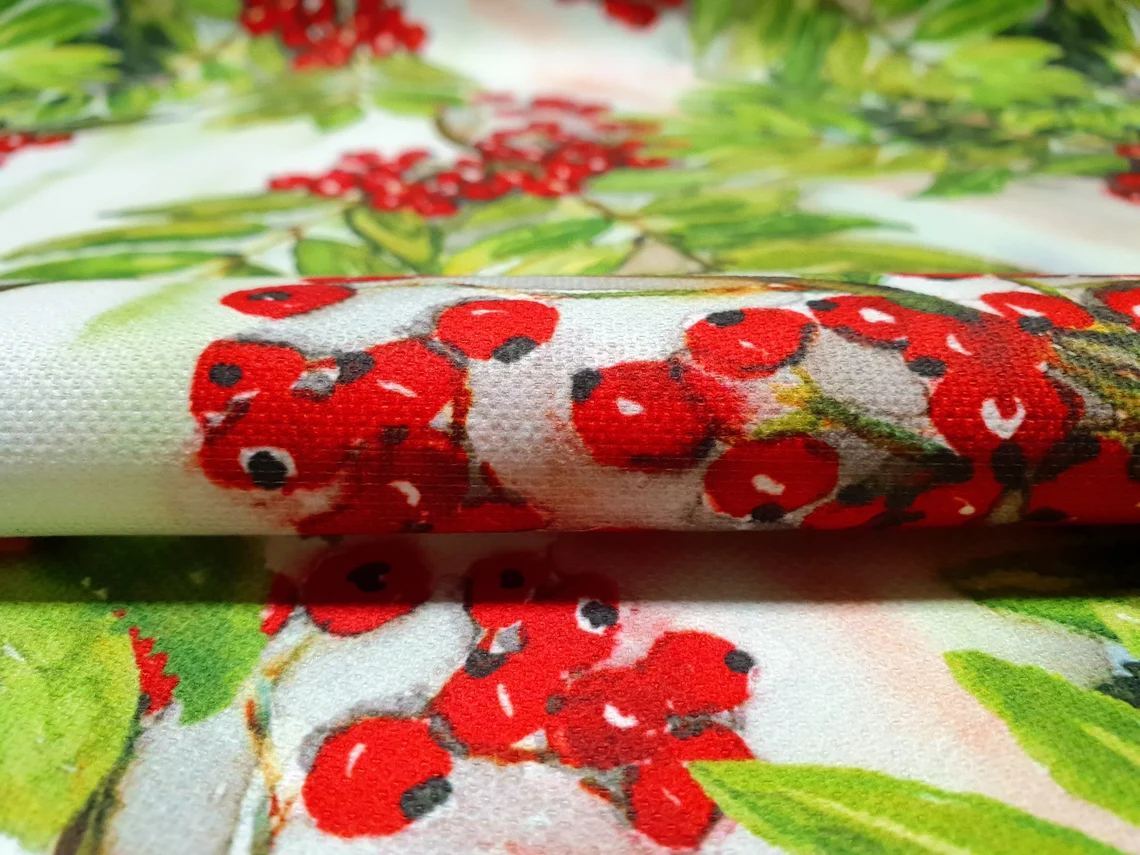 Christmas Holly Berry Fabric - Watercolor Holly Leaves