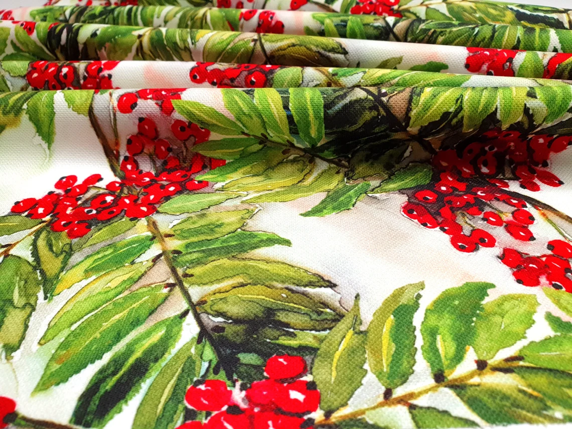 Christmas Holly Berry Fabric - Watercolor Holly Leaves