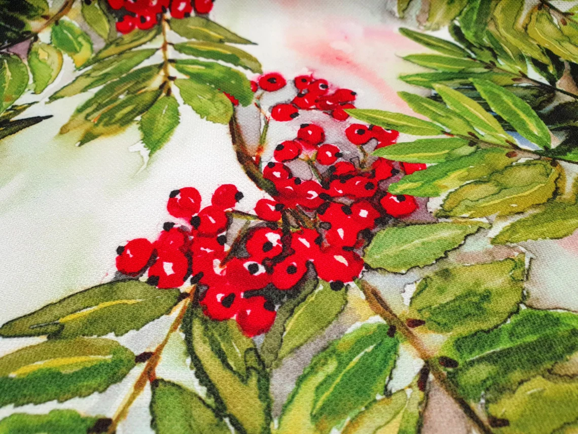Christmas Holly Berry Fabric - Watercolor Holly Leaves