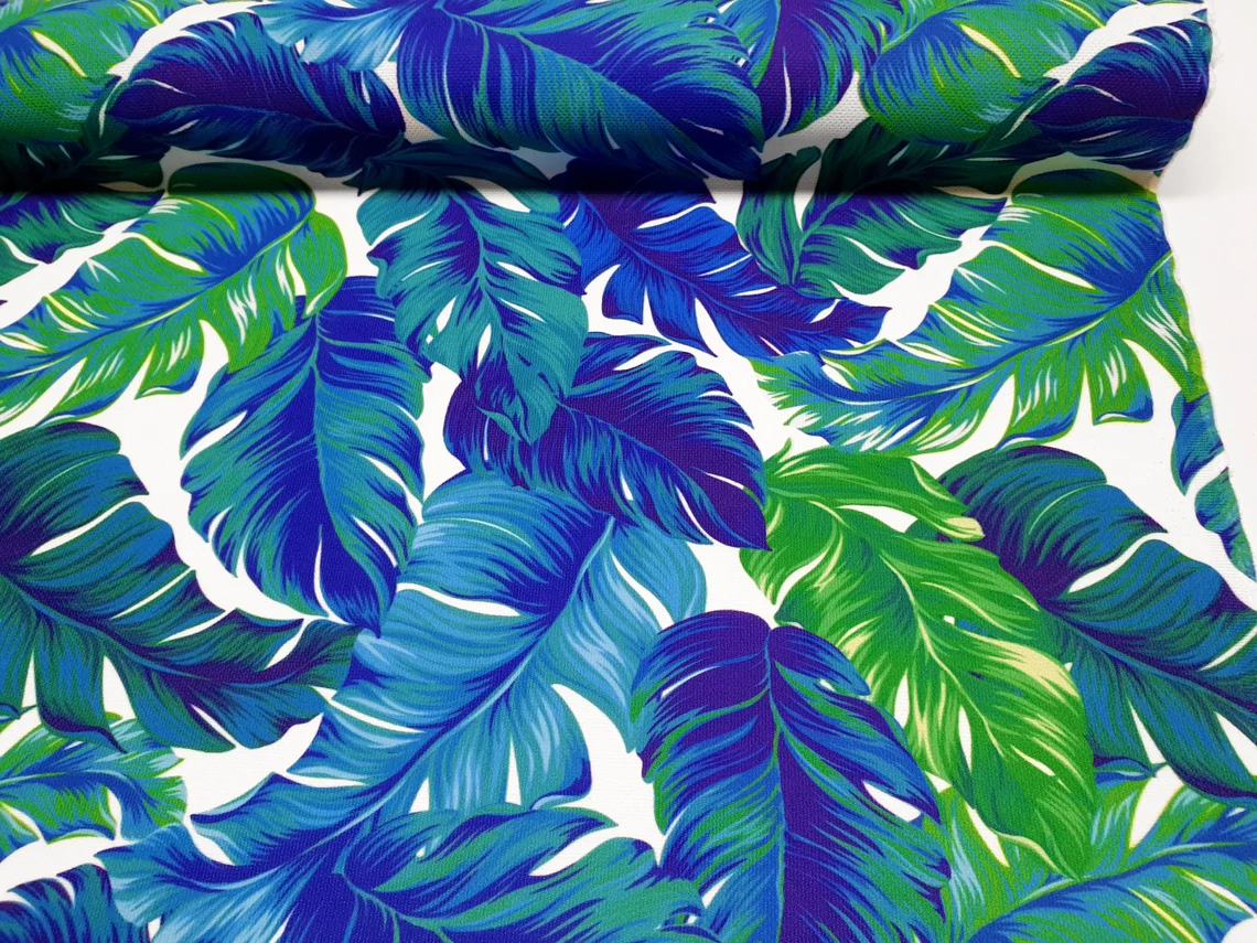 Banana Leaves Fabric - Tropical Green Blue Leaf Print Fabric