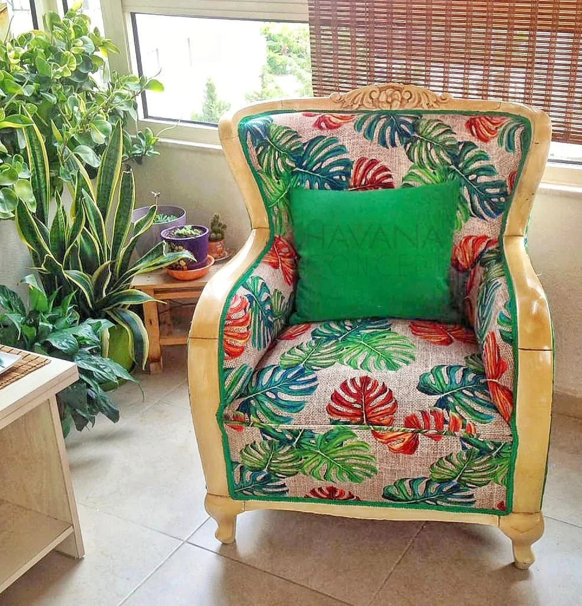 Orange Green Monstera Leaves Fabric by the Yard