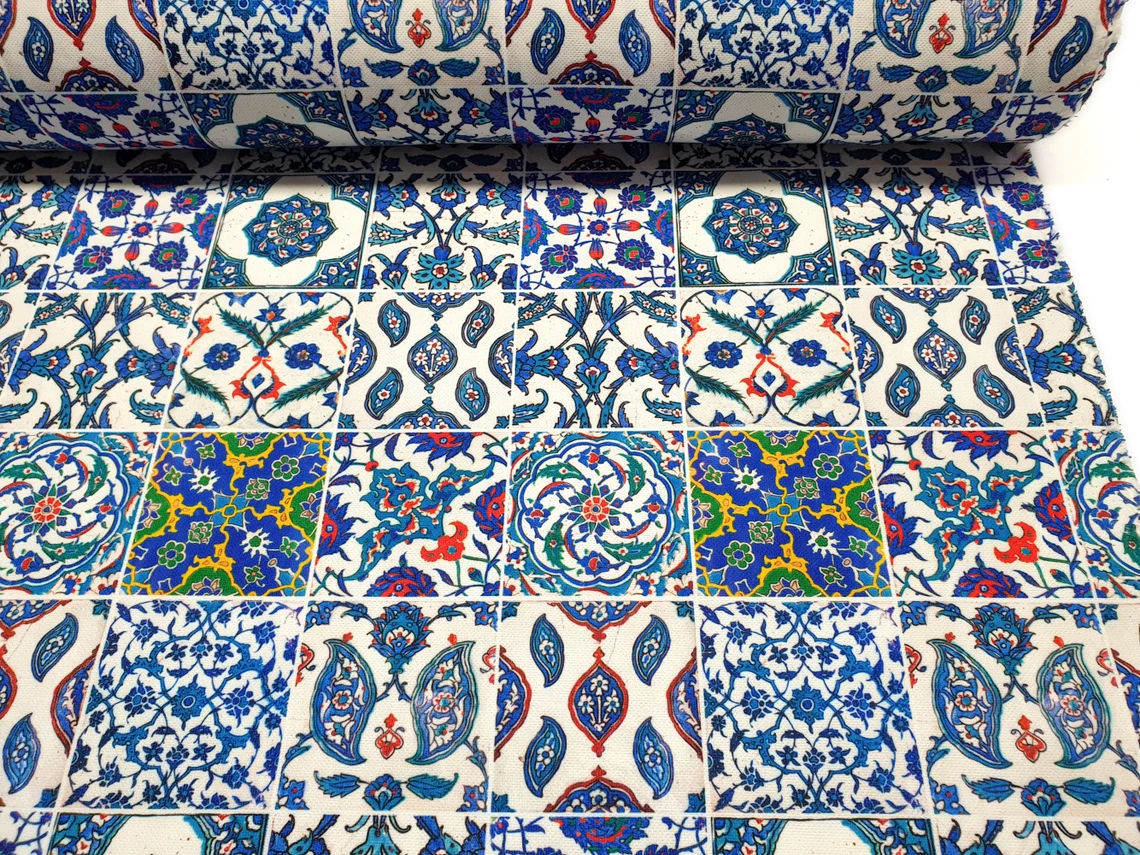 Turkish Blue Ceramic Tiles Fabric