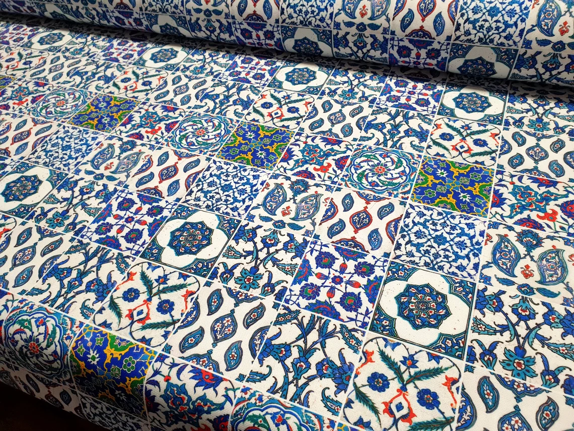 Turkish Blue Ceramic Tiles Fabric