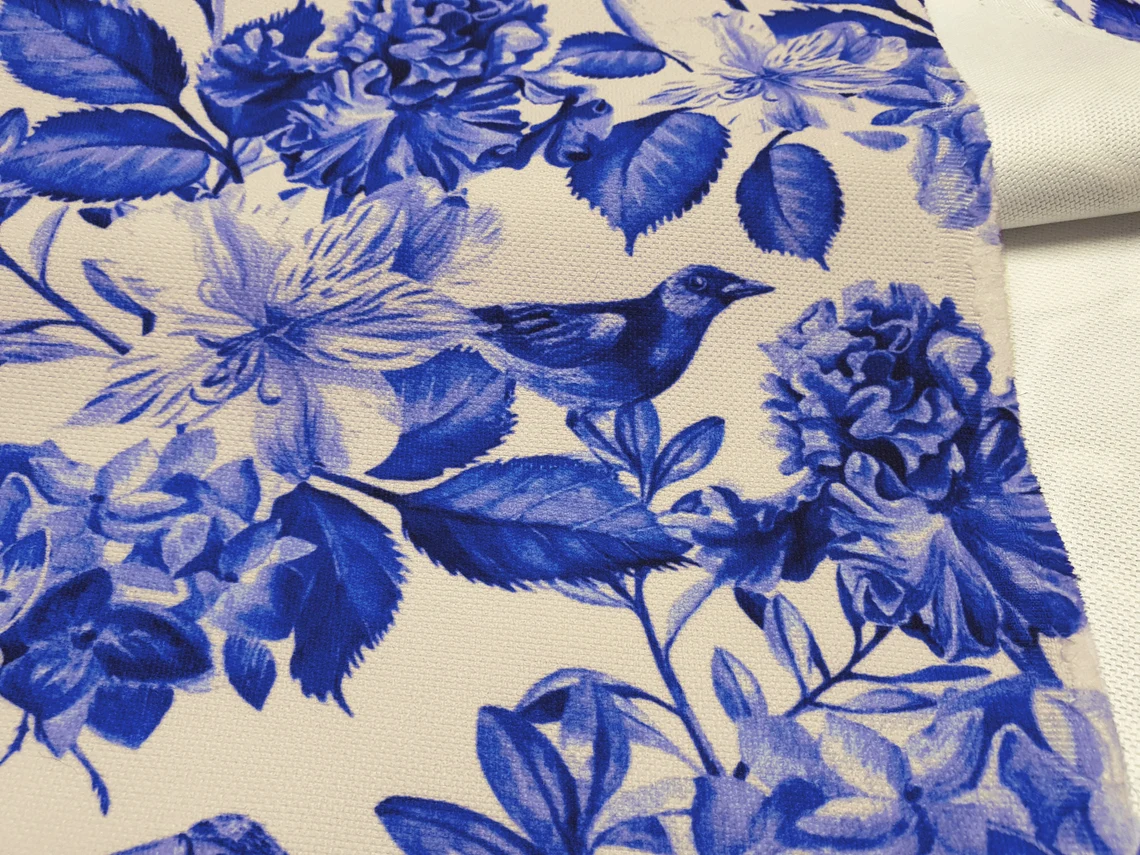 Blue Leaves and Birds Fabric by the Yard