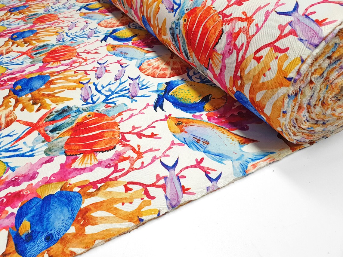 Marine Exotic Fish Starfish and Coral Reef Print Fabric | Chair Upholstery | Home Decor, Curtain, Tablecloth