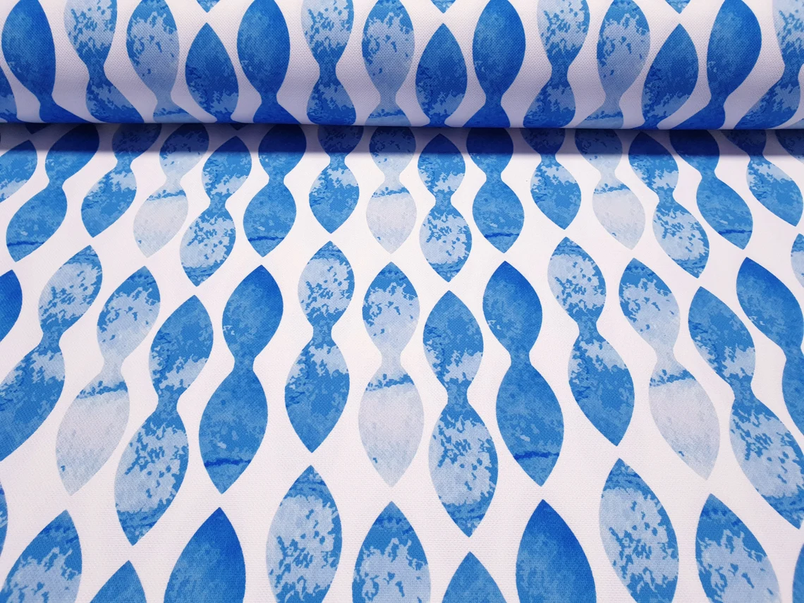 Blue White Geometric Wavy Stripes Fabric by the Yard