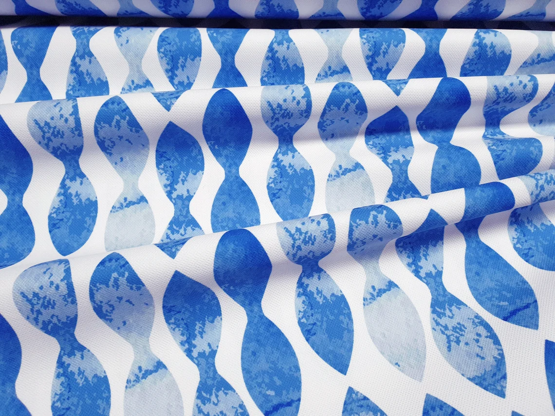 Blue White Geometric Wavy Stripes Fabric by the Yard