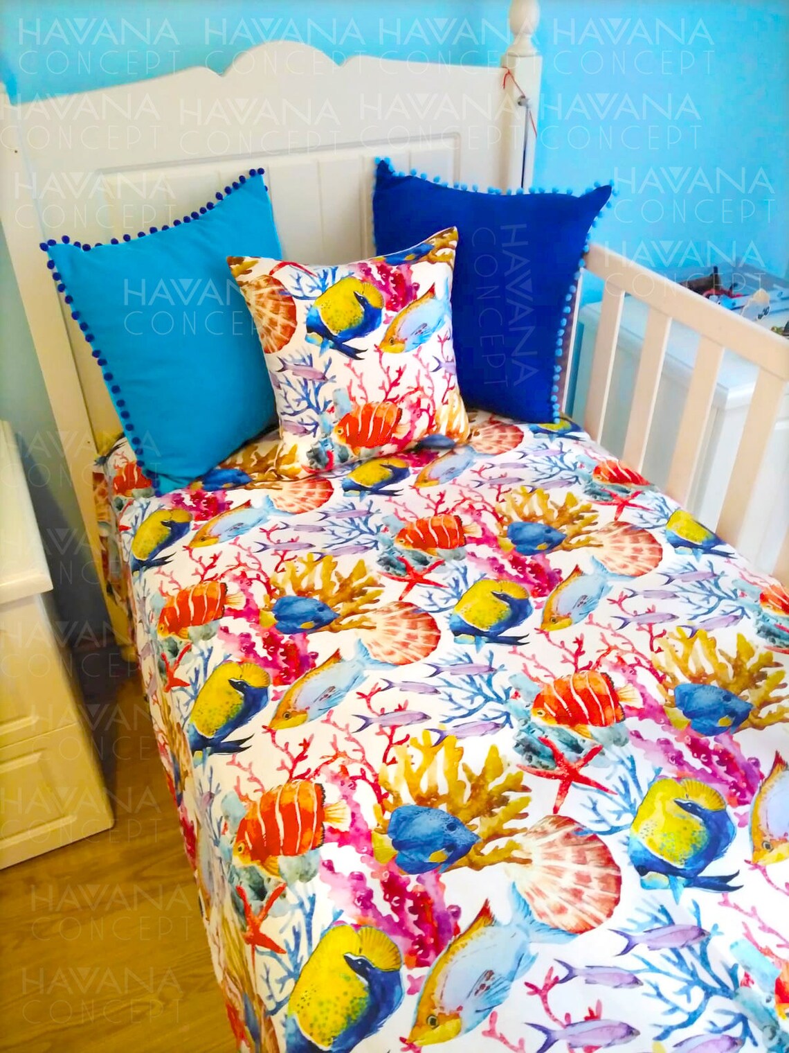 Marine Exotic Fish Starfish and Coral Reef Print Fabric | Chair Upholstery | Home Decor, Curtain, Tablecloth