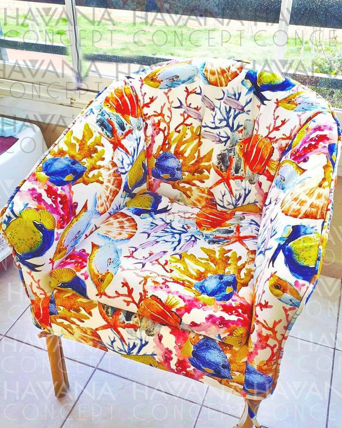 Marine Exotic Fish Starfish and Coral Reef Print Fabric | Chair Upholstery | Home Decor, Curtain, Tablecloth