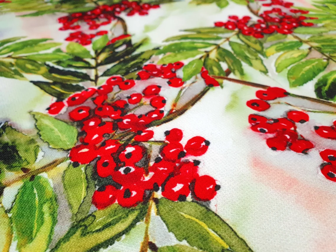 Christmas Holly Berry Fabric - Watercolor Holly Leaves