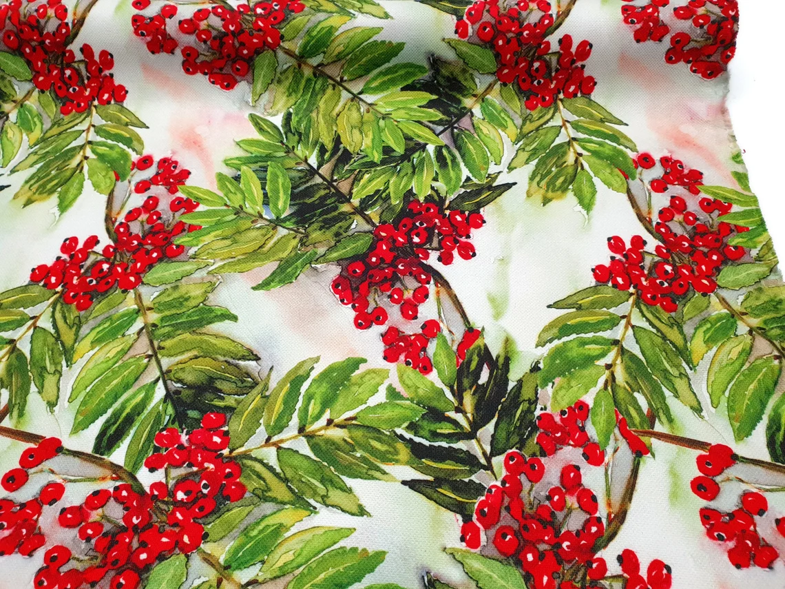 Christmas Holly Berry Fabric - Watercolor Holly Leaves
