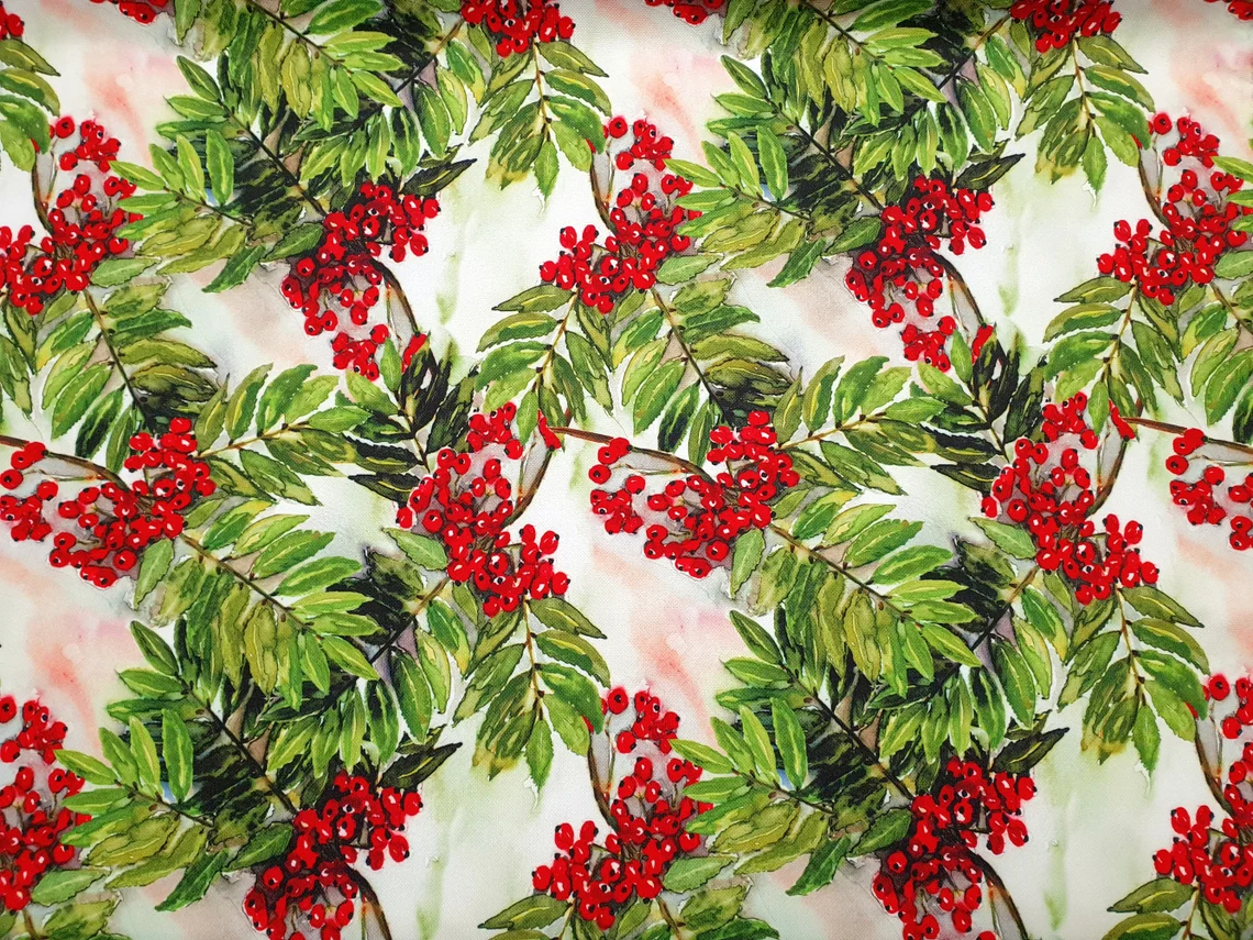 Christmas Holly Berry Fabric - Watercolor Holly Leaves