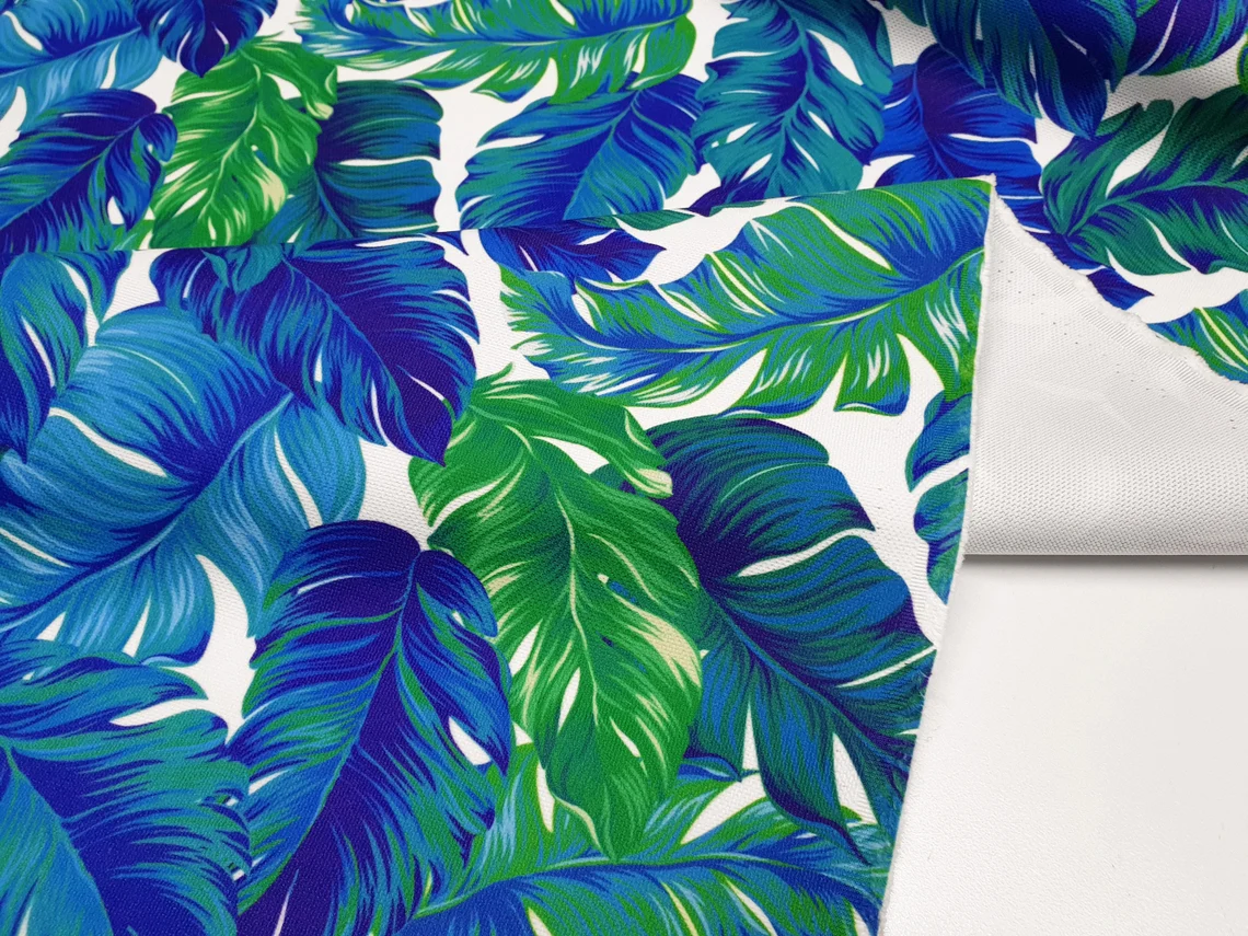 Banana Leaves Fabric - Tropical Green Blue Leaf Print Fabric