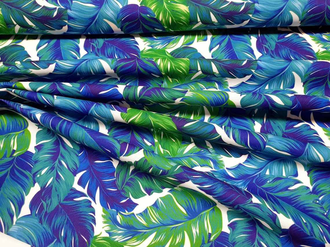 Banana Leaves Fabric - Tropical Green Blue Leaf Print Fabric