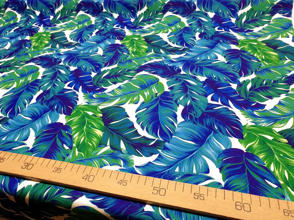 Banana Leaves Fabric - Tropical Green Blue Leaf Print Fabric