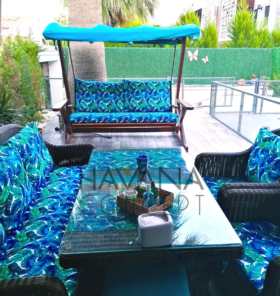 Banana Leaves Fabric - Tropical Green Blue Leaf Print Fabric