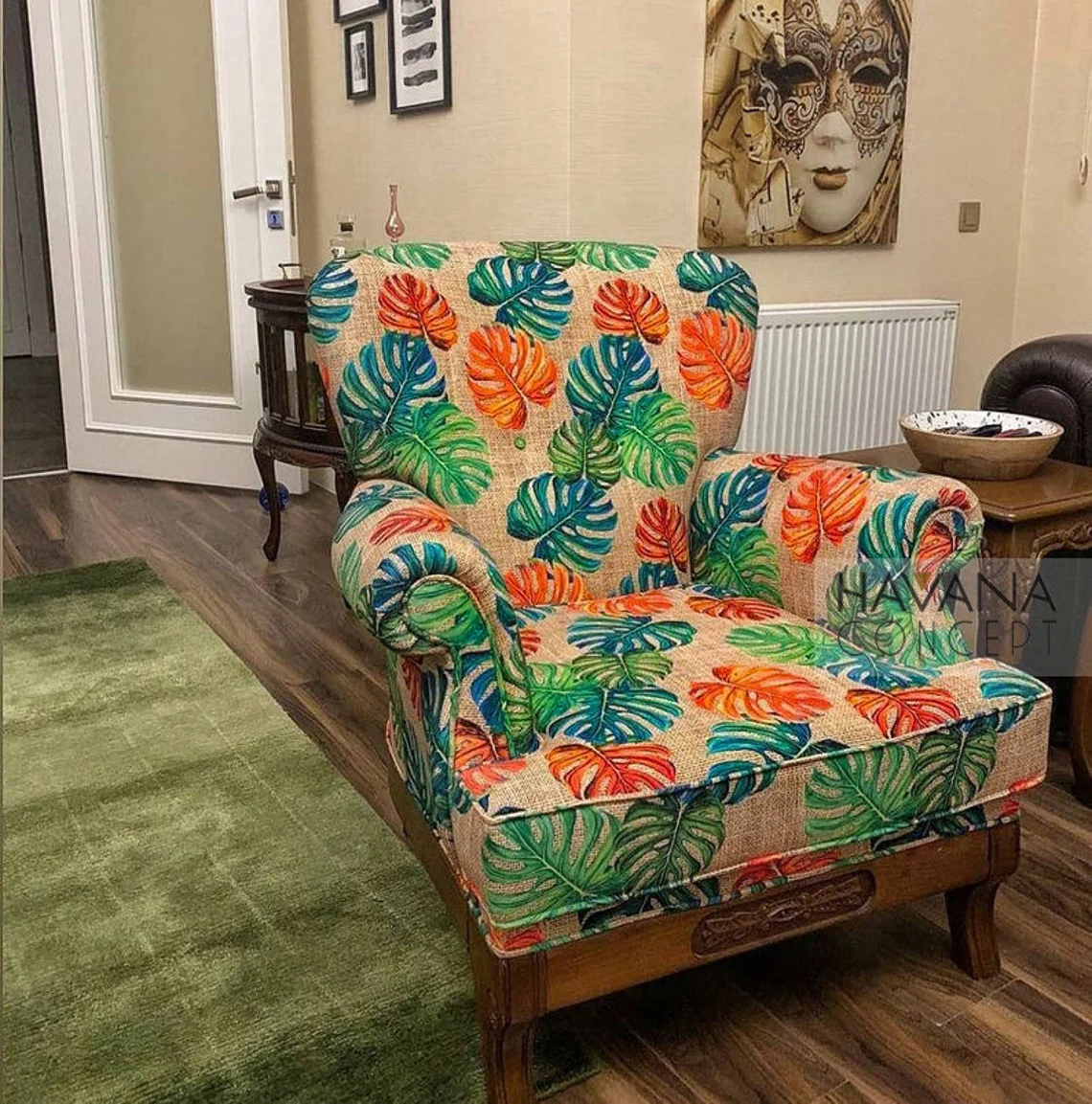 Orange Green Monstera Leaves Fabric by the Yard