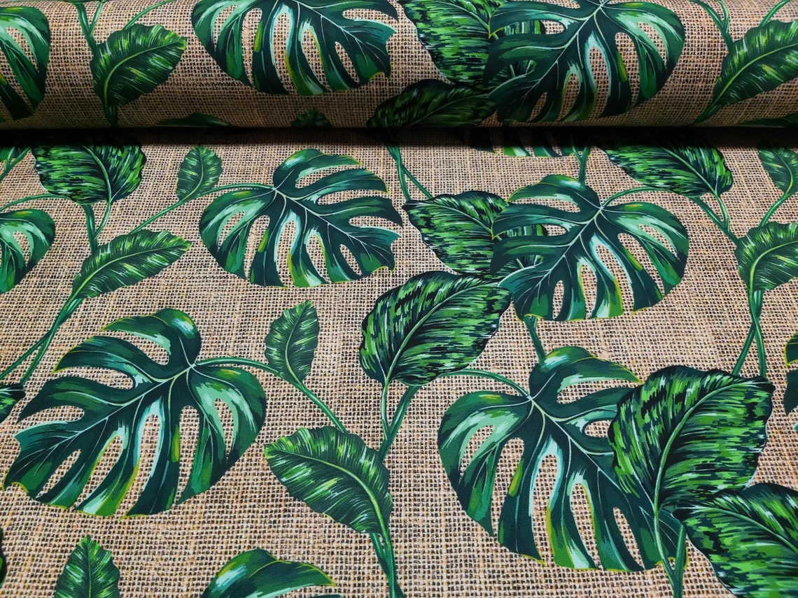 Green Monstera Leaves Fabric