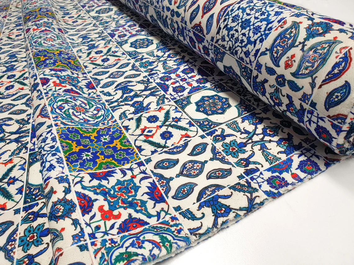 Turkish Blue Ceramic Tiles Fabric