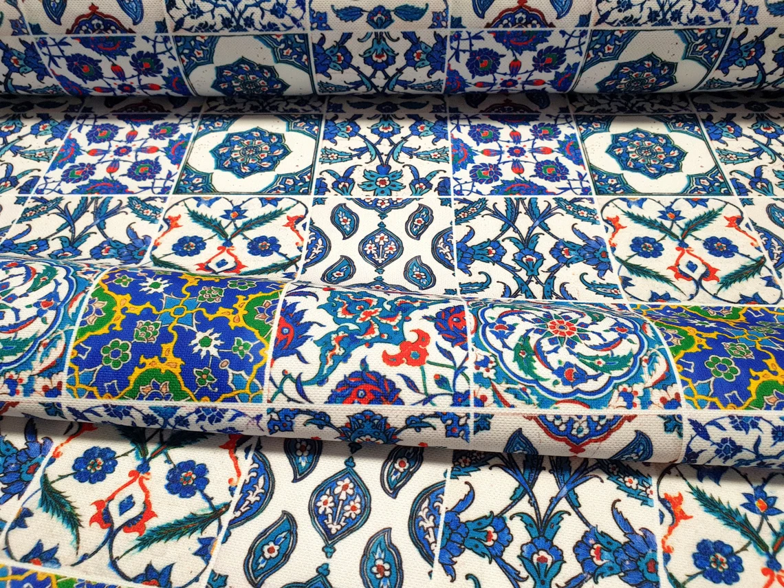 Turkish Blue Ceramic Tiles Fabric