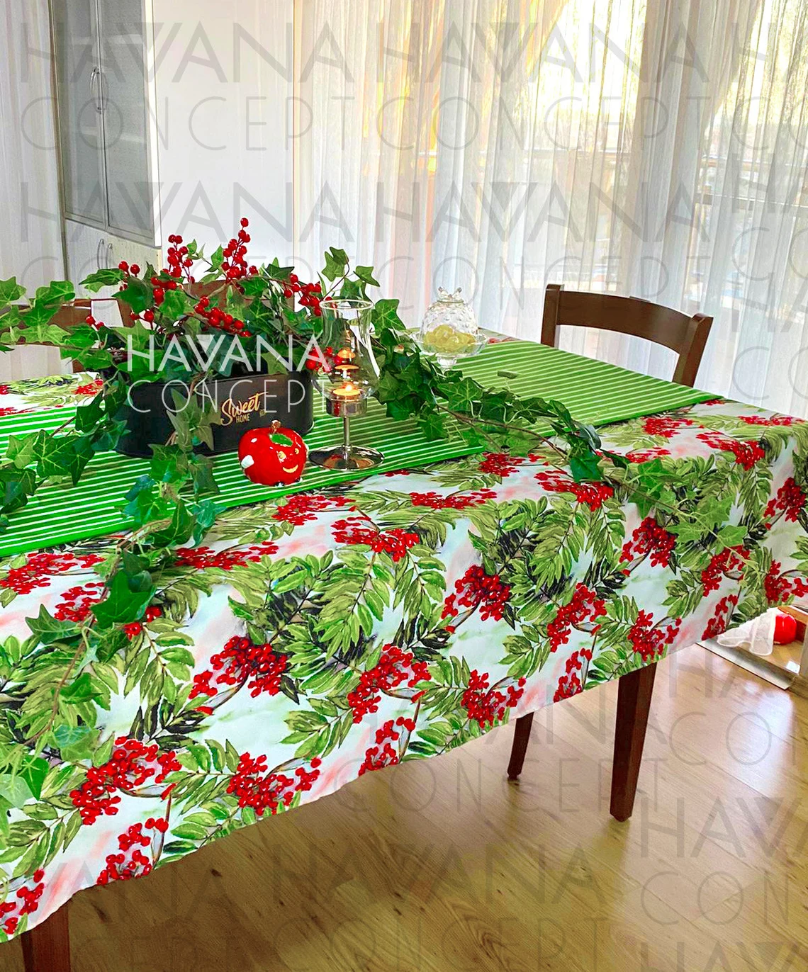 Christmas Holly Berry Fabric - Watercolor Holly Leaves