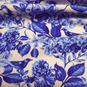 Blue Leaves and Birds Fabric by the Yard