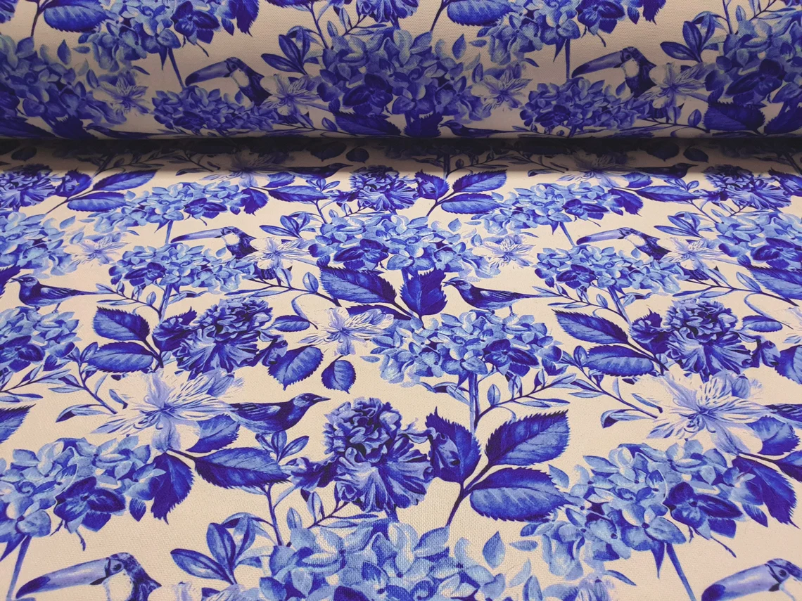 Blue Leaves and Birds Fabric by the Yard