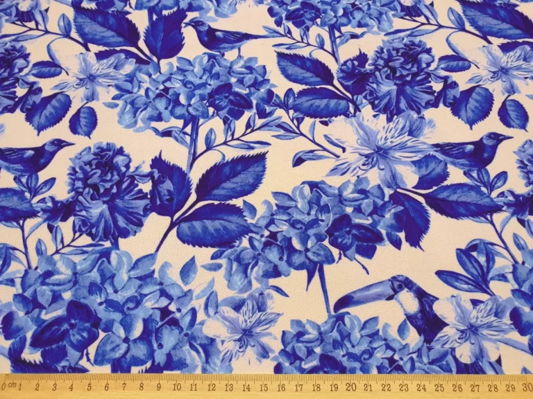 Blue Leaves and Birds Fabric