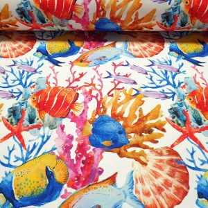 Marine Exotic Fish Starfish and Coral Reef Print Fabric | Chair Upholstery | Home Decor, Curtain, Tablecloth