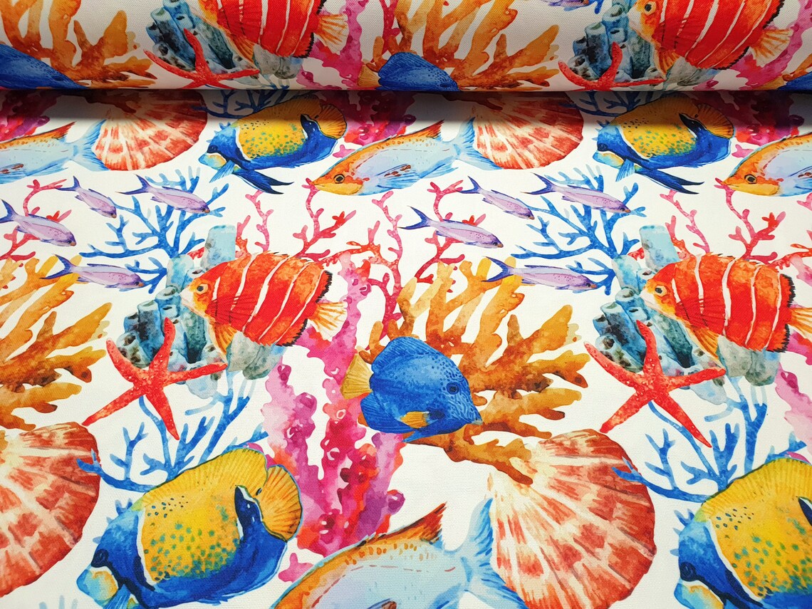 Marine Exotic Fish Starfish and Coral Reef Print Fabric | Chair Upholstery | Home Decor, Curtain, Tablecloth