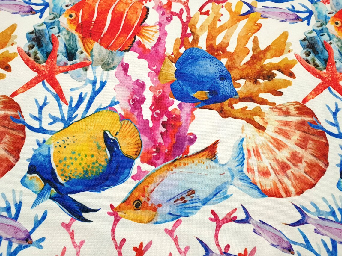 Marine Exotic Fish Starfish and Coral Reef Print Fabric | Chair Upholstery | Home Decor, Curtain, Tablecloth
