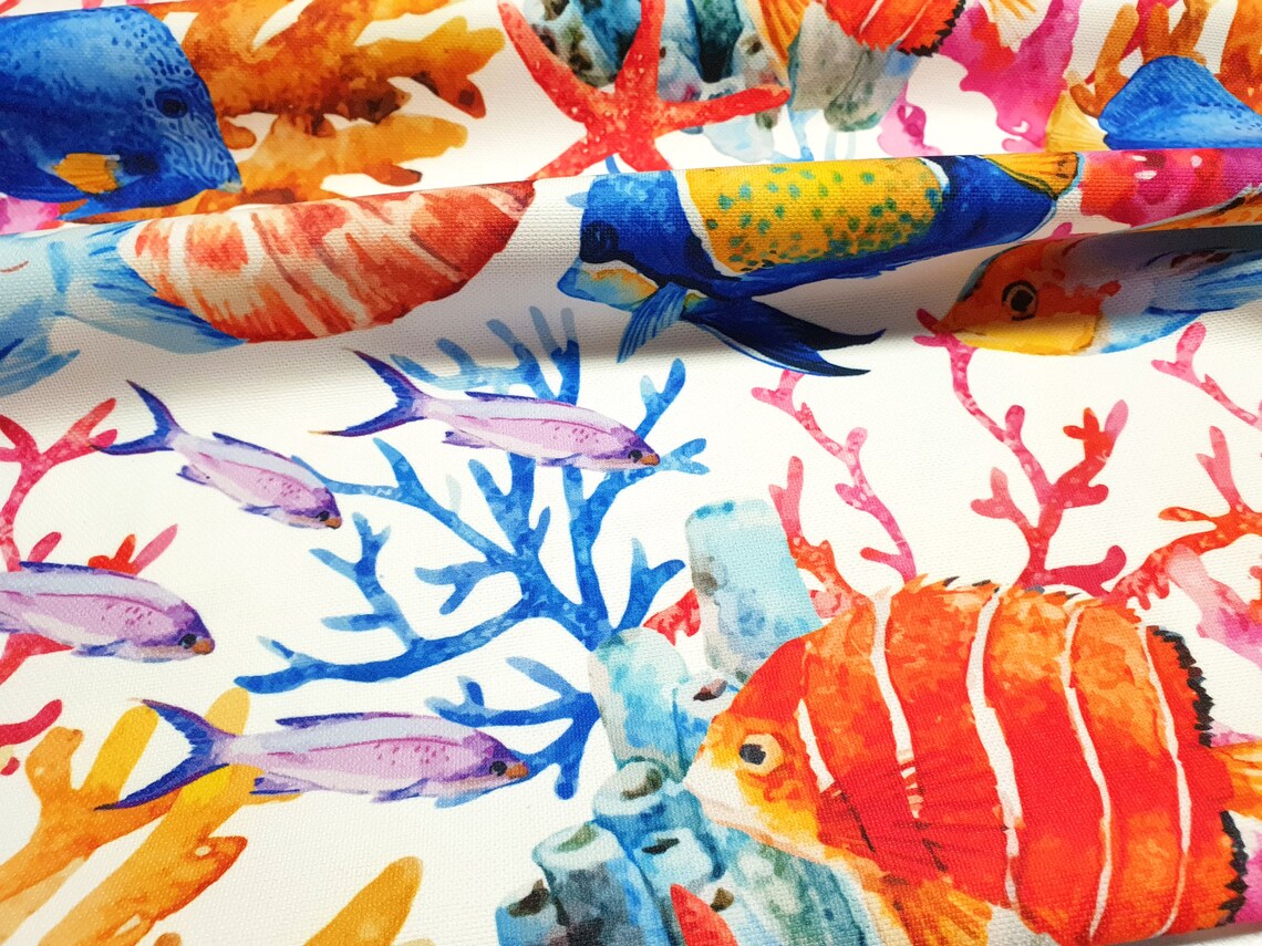 Marine Exotic Fish Starfish and Coral Reef Print Fabric | Chair Upholstery | Home Decor, Curtain, Tablecloth