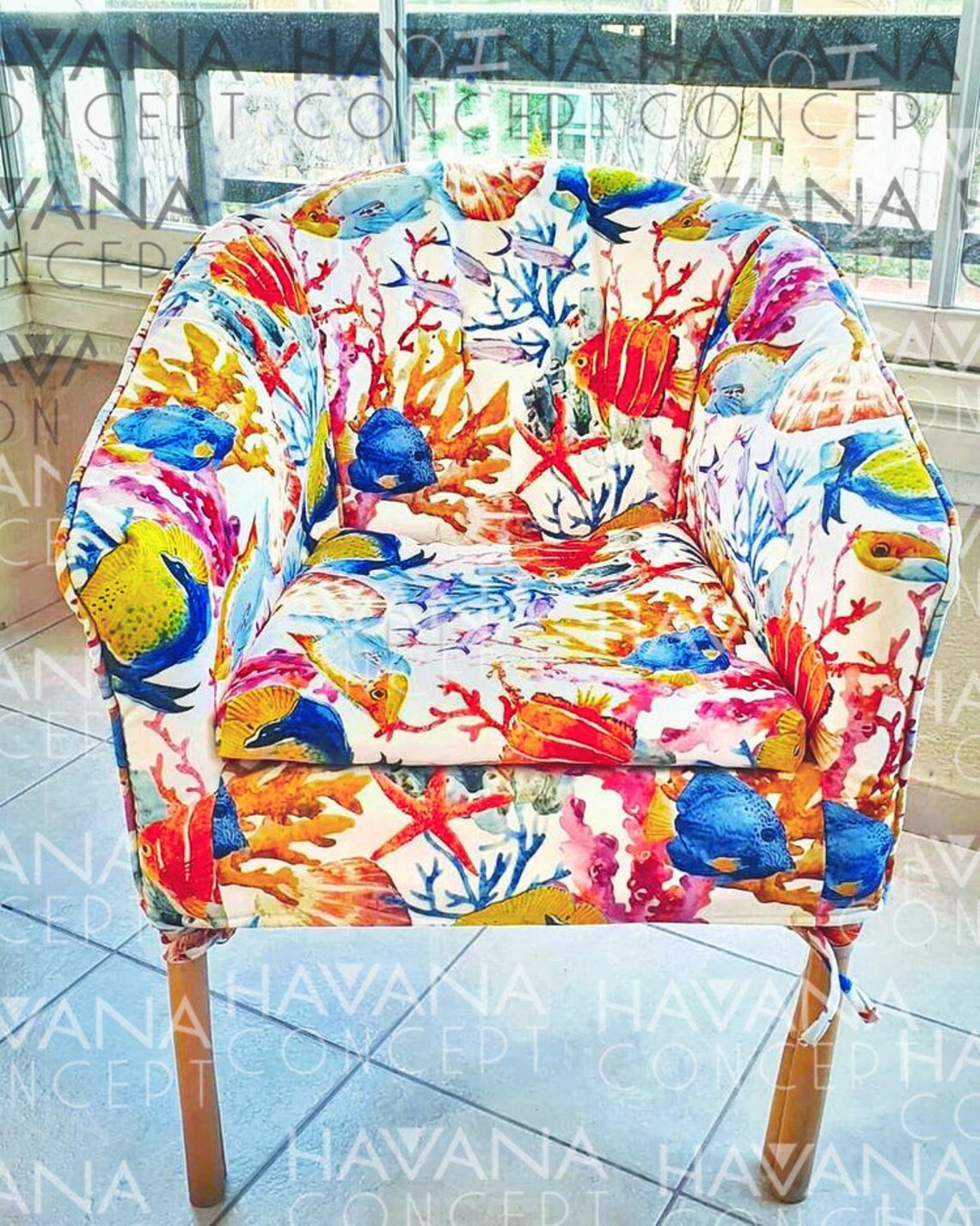 Marine Exotic Fish Starfish and Coral Reef Print Fabric | Chair Upholstery | Home Decor, Curtain, Tablecloth