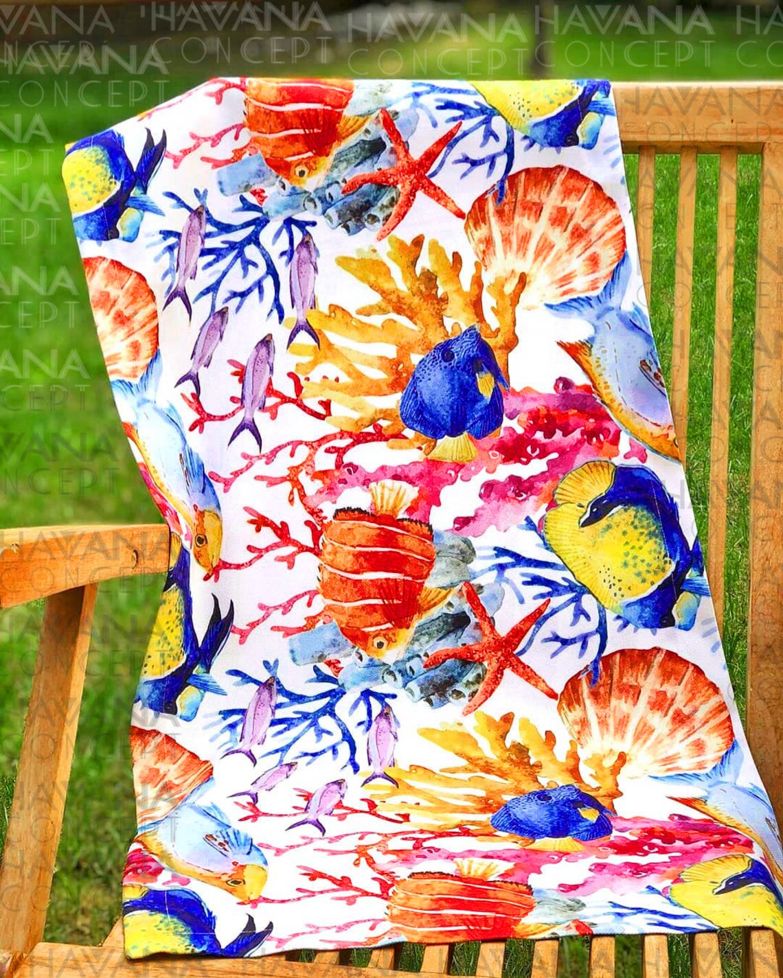 Marine Exotic Fish Starfish and Coral Reef Print Fabric | Chair Upholstery | Home Decor, Curtain, Tablecloth