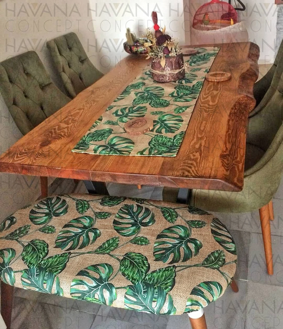 Green Monstera Leaves Fabric