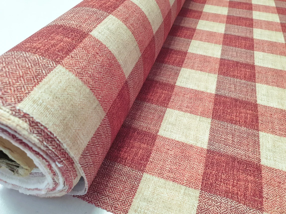 Brick Red Color Gingham Check Fabric