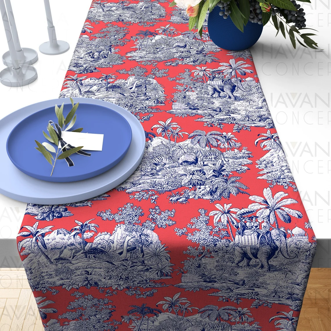 Living Coral Toile De Jouy Print Table Runner