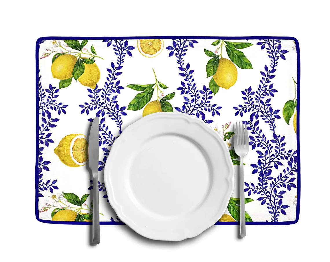 Italian Majolica Floral Lemon Fruit Fabric Placemat