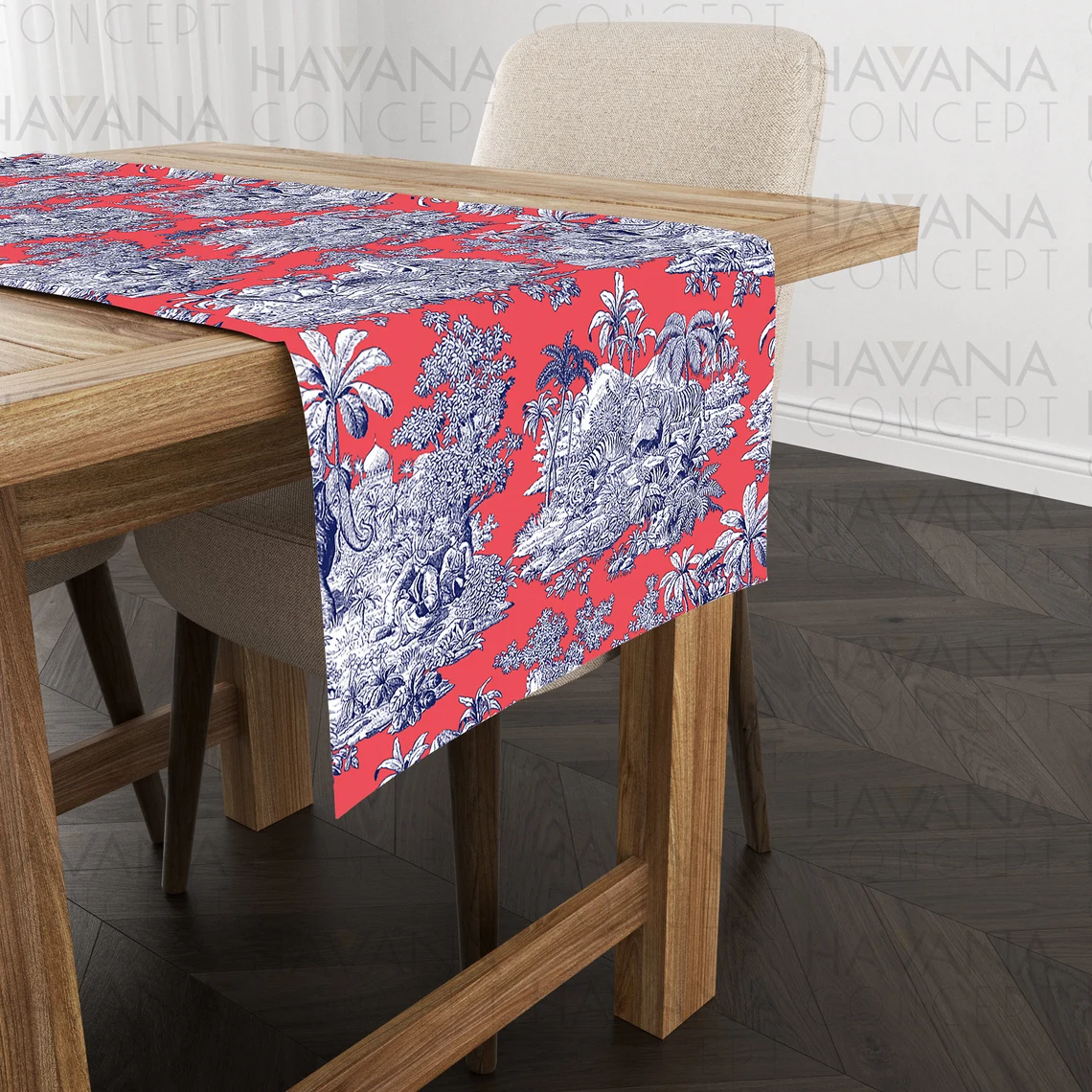 Living Coral Toile De Jouy Print Table Runner